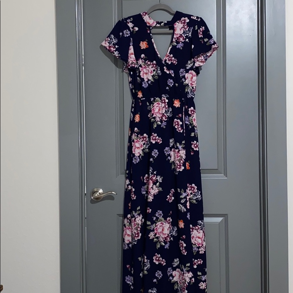 Long navy blue floral dress with a slit